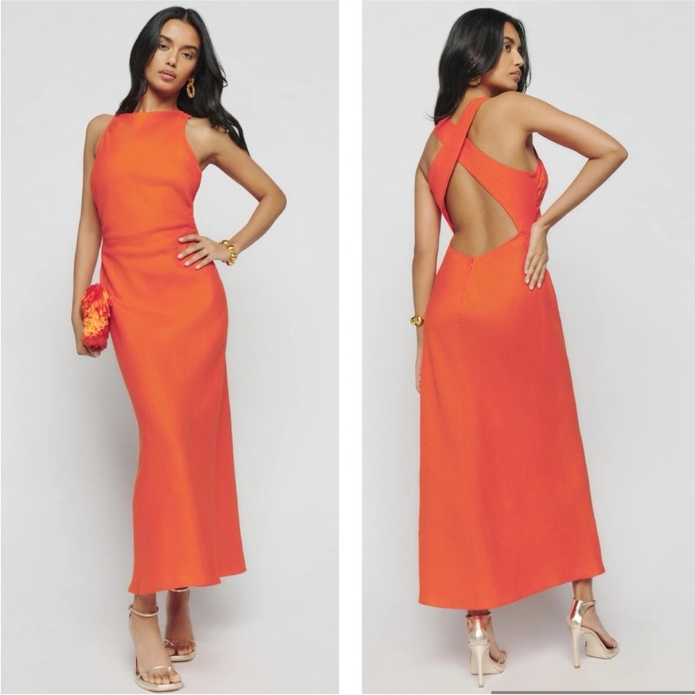 Reformation casette orange linen Backless midi Dress